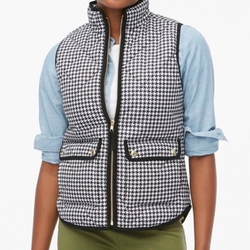 J. Crew Woman's Sz S Black White Houndstooth Puffer Vest Snap Pckts Full Zip NWT